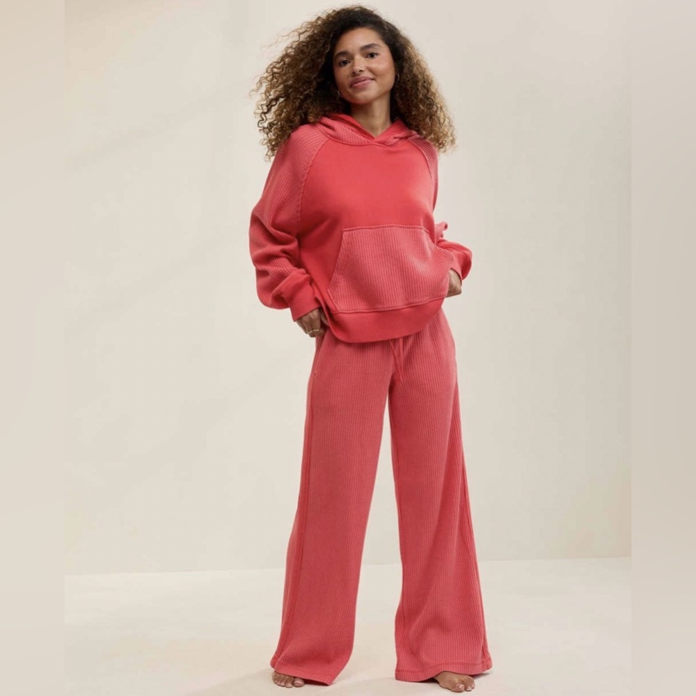 Aerie Long Sleeve Essential Red Waffle Hoodie with Pocket